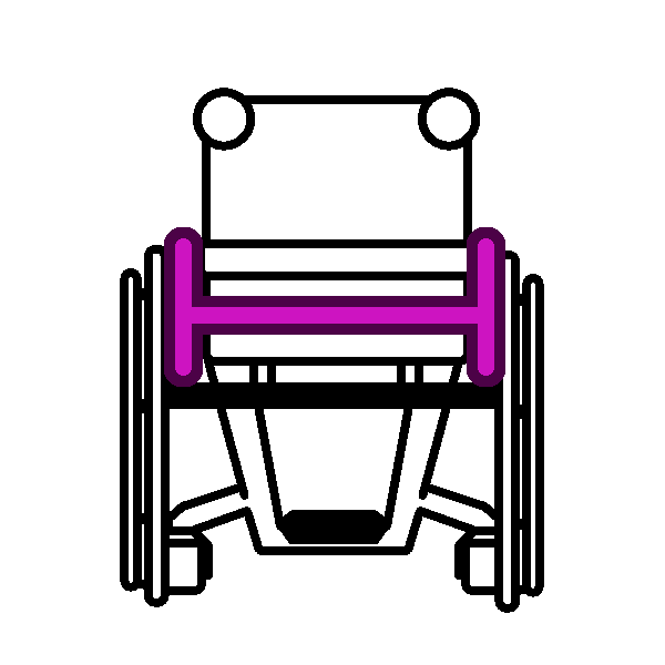 A black and white drawing of a rigid wheelchair from behind with a pink bracket indicating it does not fold.